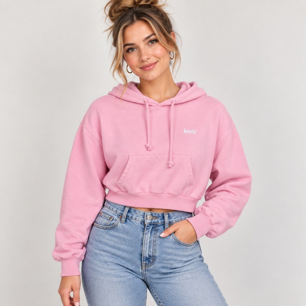 Levi's Women M Pink Cropped Hoodie Sweatshirt Pullover Athleisure Y2K Streetwear